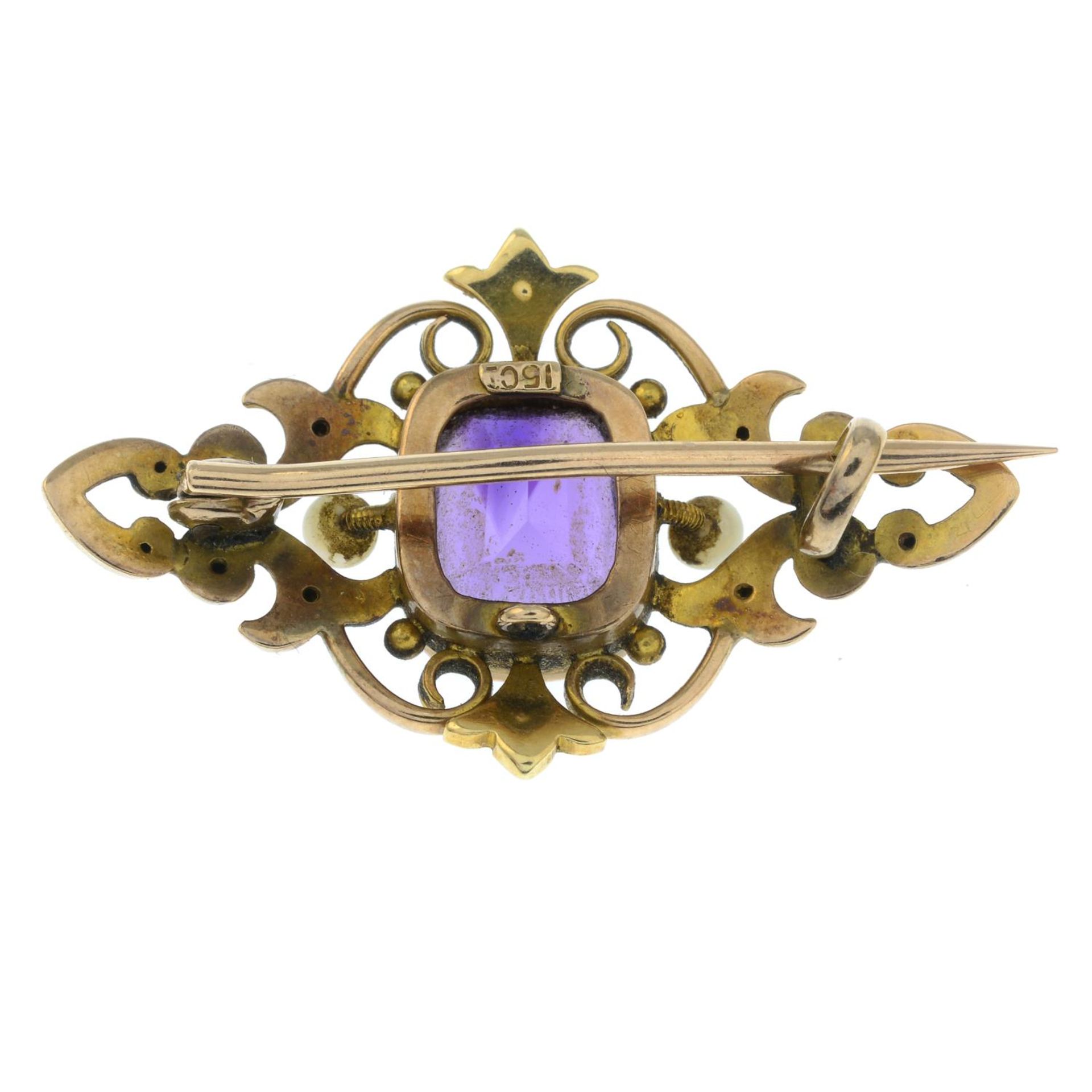 An early 20th century 15ct gold amethyst and seed pearl openwork brooch.Stamped 15CT. - Image 2 of 2