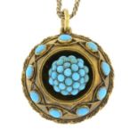 A late 19th century turquoise memorial pendant, with chain.Length of pendant 3.4cms.