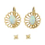 Opal earrings, stamped 18K, length 1.2cms, 3.2gms.