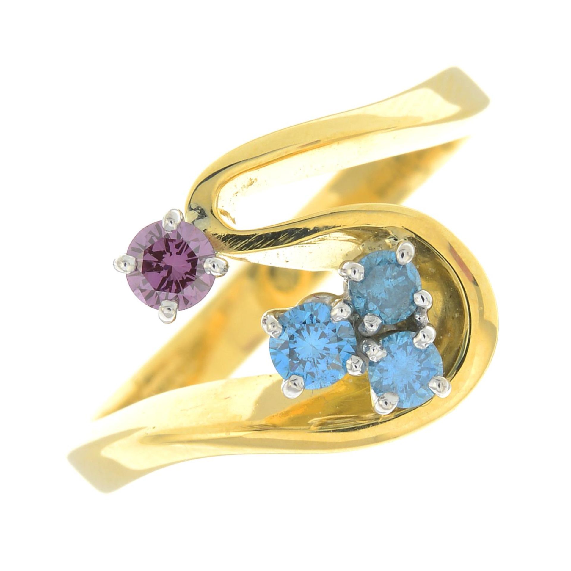 An 18ct gold colour-treated 'pink' and 'blue' diamond ring.Hallmarks for 18ct gold.Ring size K.