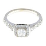 An 18ct gold square-shape and brilliant-cut diamond cluster ring.Estimated total diamond weight