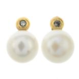 A pair of cultured pearl and diamond earrings.Length 1.3cms.