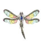 A ruby, pyrite, kyanite and plique-a-jour enamel dragonfly brooch.May be worn as a pendant.