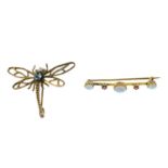 Early 20th century 9ct gold opal and ruby bar brooch,