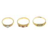 Gold diamond and ruby seven-stone ring,