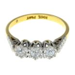 An old-cut diamond three-stone ring.Estimated total diamond weight 0.25ct,