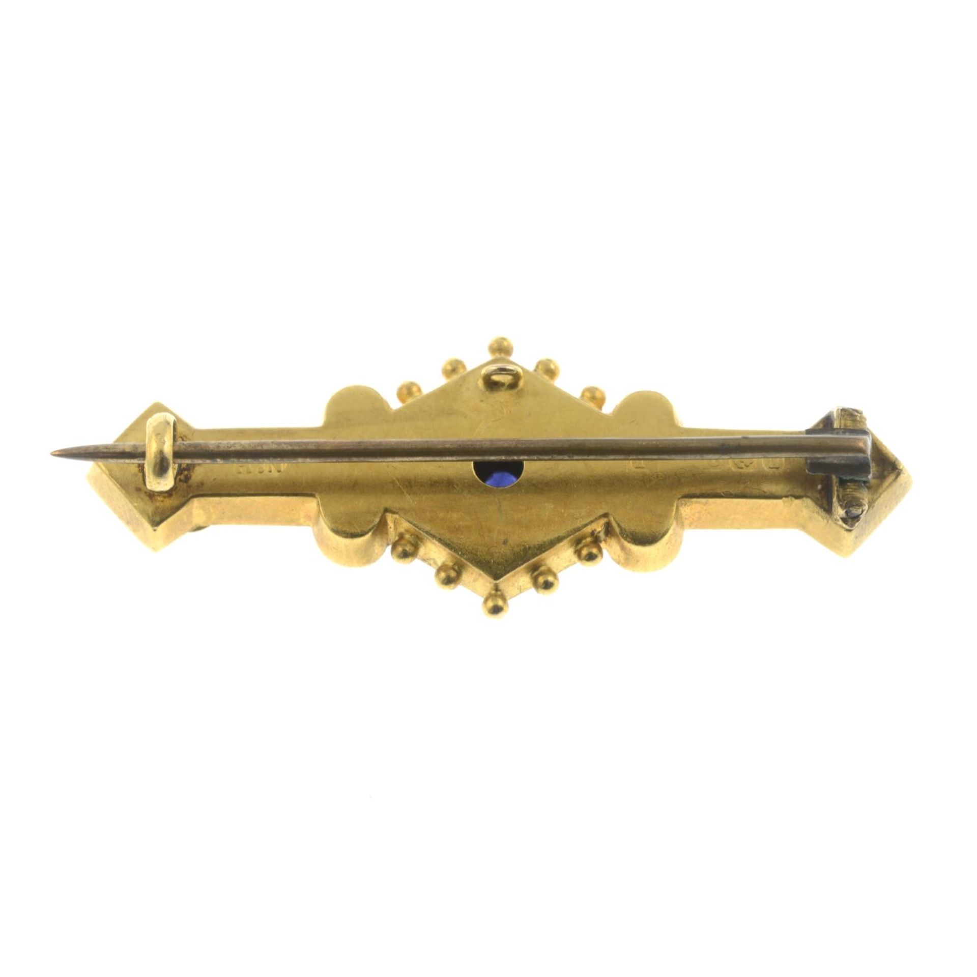 An early 20th century 15ct gold sapphire brooch.Hallmarks for Birmingham, 1910. - Image 2 of 3