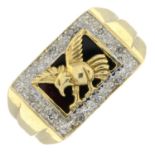 A 9ct gold diamond and onyx signet ring.Estimated total diamond weight 0.10ct.