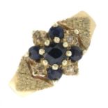 A 9ct gold sapphire and diamond cluster ring.Estimated total diamond weight 0.04ct.
