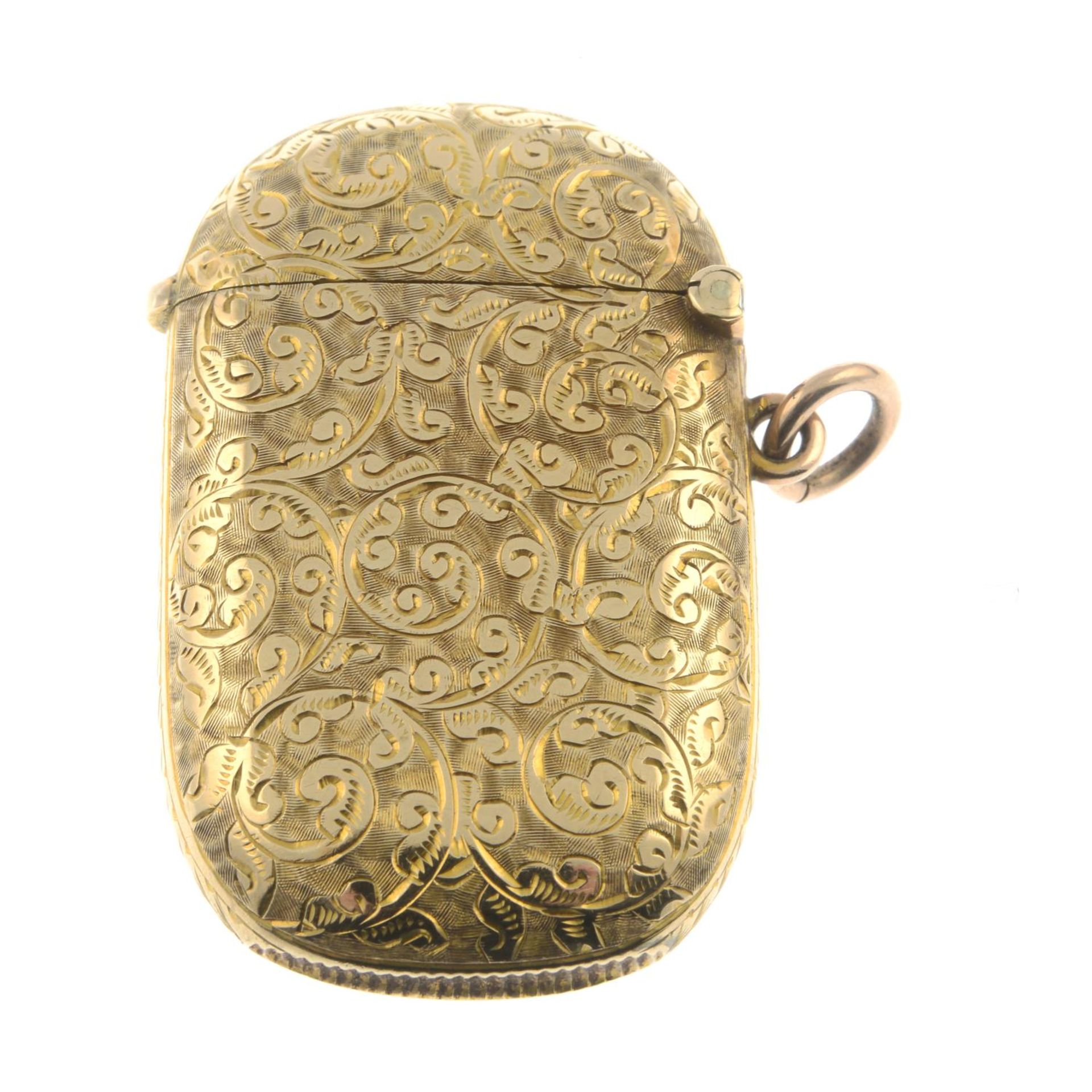 A late Victorian 9ct gold foliate and monogram engraved vesta case.Hallmarks for Birmingham, - Image 2 of 3