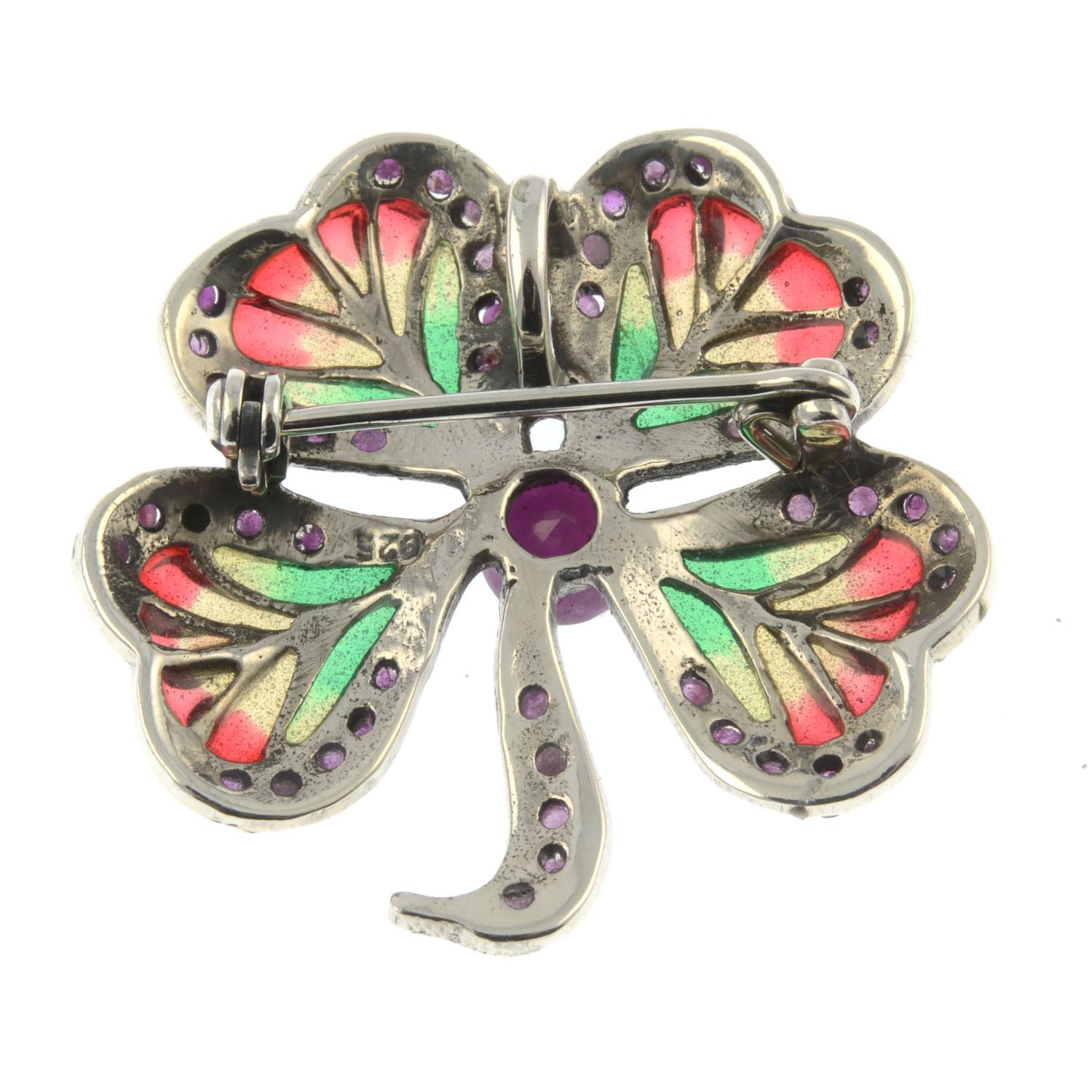 A ruby and plique-a-jour enamel brooch, designed to depict a four-leaf clover.Stamped 925. - Image 2 of 2