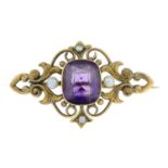 An early 20th century 15ct gold amethyst and seed pearl openwork brooch.Stamped 15CT.