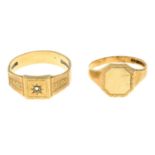 Two 9ct gold signet rings.One gem deficient.