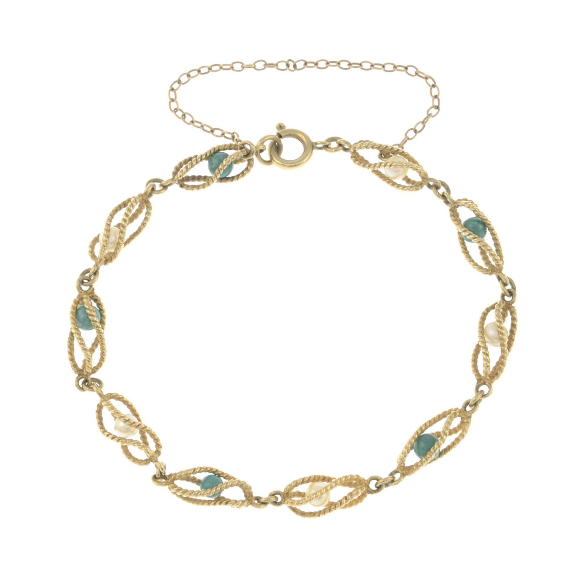 A 9ct gold cultured pearl and turquoise bracelet.Hallmarks for 9ct gold, partially indistinct. - Image 2 of 2