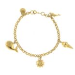 A 9ct gold charm bracelet, suspending five charms.Bracelet with hallmarks for 9ct gold.