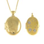 Two 9ct gold lockets and a 9ct gold chain.Hallmarks for 9ct gold.