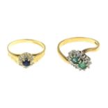 18ct gold emerald and diamond double cluster ring,