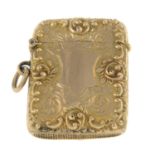 An Edwardian 9ct gold vesta case, with embossed detail.Hallmarks for Birmingham, 1902.