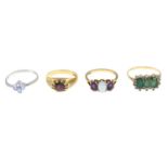 9ct gold emerald and cubic zirconia triple cluster ring,