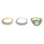 9ct gold blue topaz and diamond half eternity ring, hallmarks for 9ct gold, ring size M, 2.2gms.