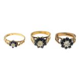 Three 9ct gold sapphire and diamond cluster rings.Hallmarks for 9ct gold.