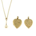 Two 9ct gold lockets, hallmarks for 9ct gold, lengths 2.7 and 3cms, 9.4gms.