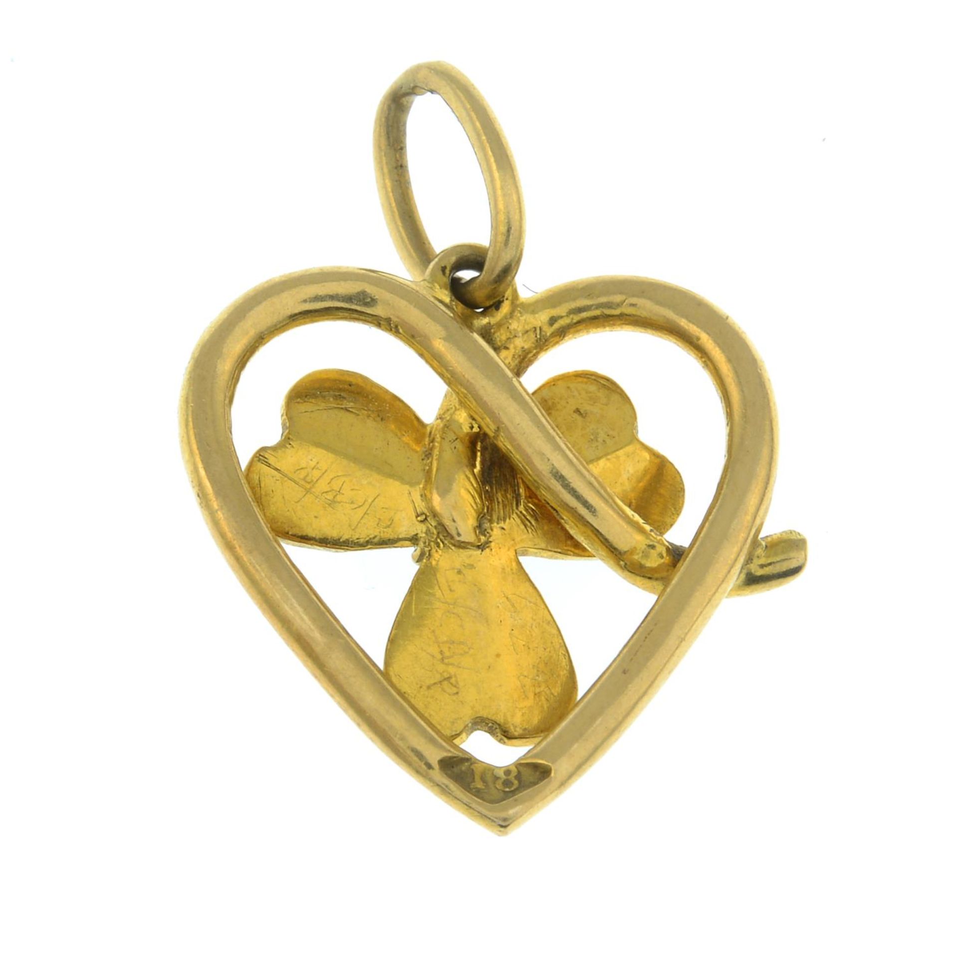 An early 20th century 18ct gold diamond and green enamel shamrock pendant.Stamped 18. - Image 2 of 2