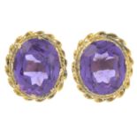 A pair of synthetic colour-change sapphire earringsMarks to indicate gold, partially indistinct.