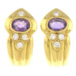 A pair of 18ct gold amethyst and diamond earrings.Estimated total diamond weight 0.20ct.