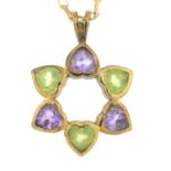 A 9ct gold amethyst and prasiolite pendant, with 9ct gold chain.Hallmarks for 9ct gold.