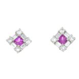 A pair of 18ct gold pink sapphire and diamond cluster earrings.Estimated total diamond weight