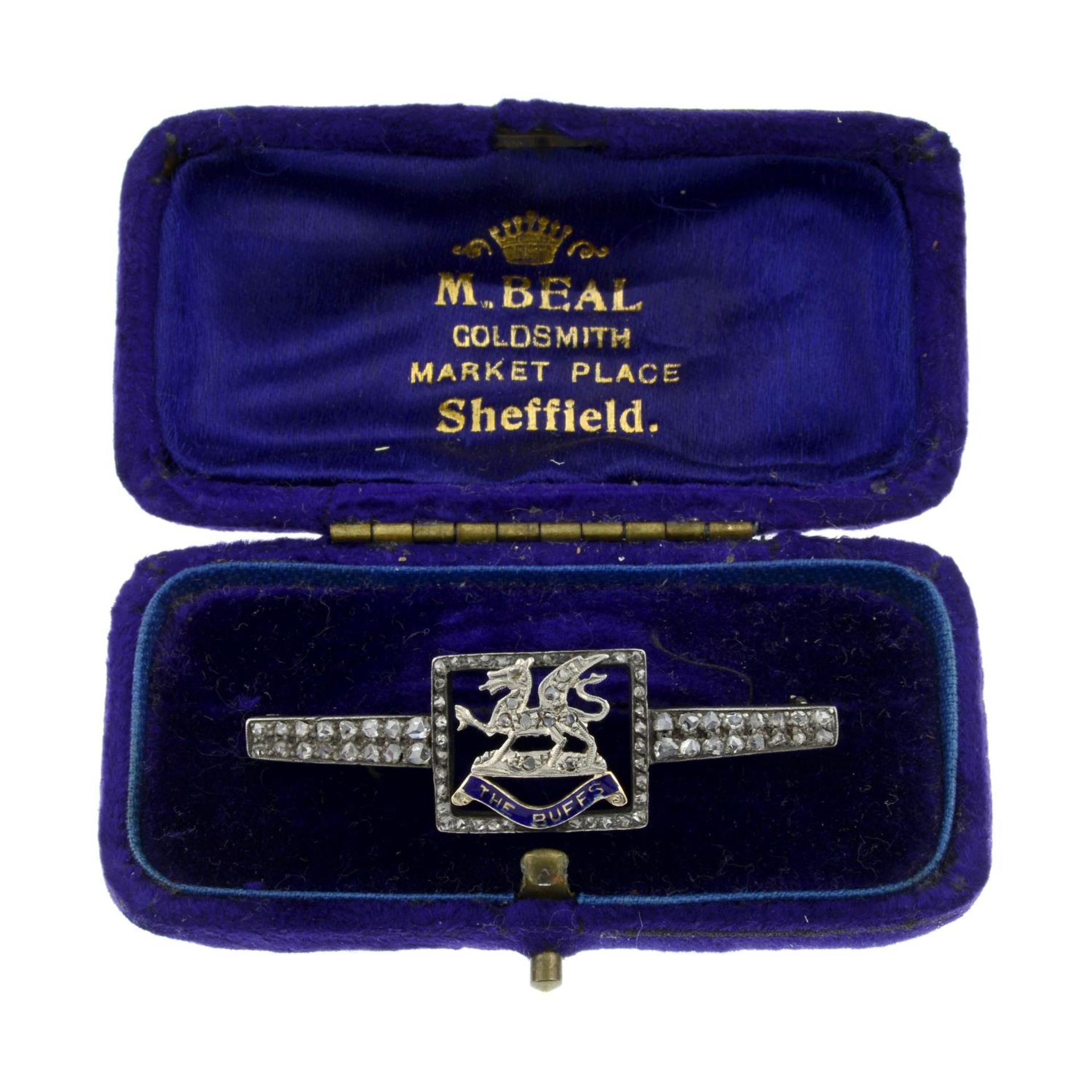 A diamond and blue enamel 'Royal East Kent Regiment' brooch.Length 4.8cms. - Image 3 of 3