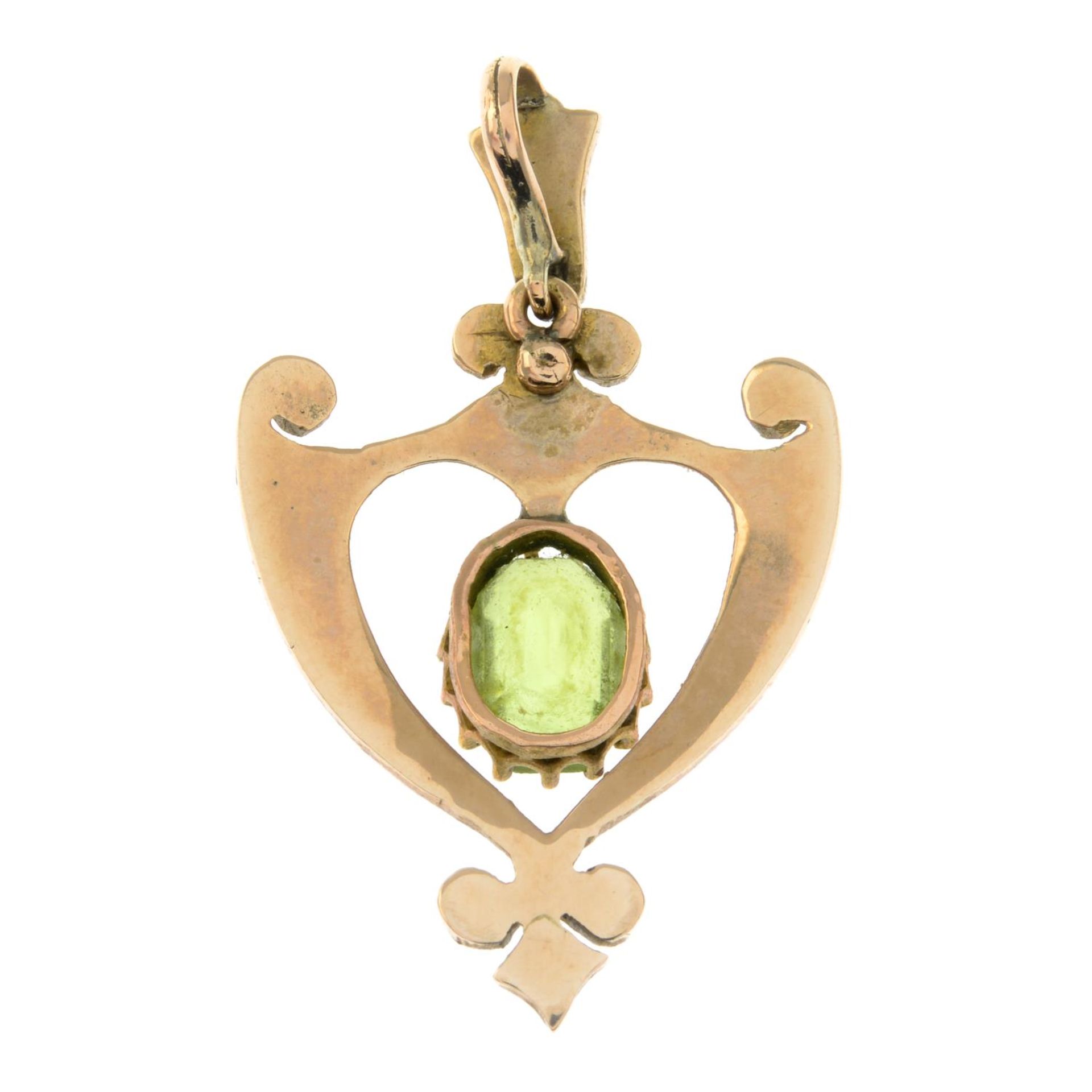 A late 19th century peridot and split pearl pendant.Length 3.7cms. - Image 2 of 2