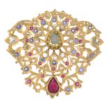 A diamond, ruby, synthetic ruby and sapphire brooch.Three gems deficient.