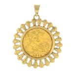 A 9ct gold half sovereign pendant.Half sovereign dated 1982.