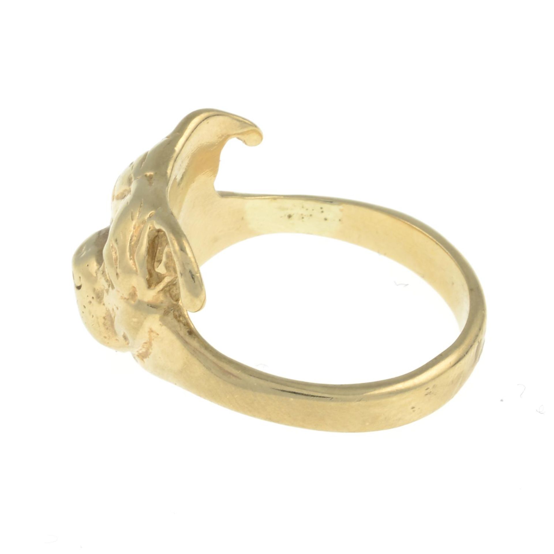 A 9ct gold stylised Staffordshire Bull Terrier ring.Hallmarks for Sheffield, 2006.Ring size O. - Image 2 of 3