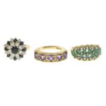 9ct gold emerald and diamond dress ring,