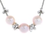 An 18ct gold cultured pearl and brilliant-cut diamond necklace.One cultured pearl measuring