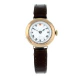 A lady's enamel wrist watch, with strap replacement.Length of watch head 2.7cms.