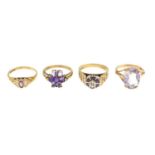 9ct gold amethyst and diamond cluster ring, hallmarks for 9ct gold, ring size K1/2, 2.1gms.