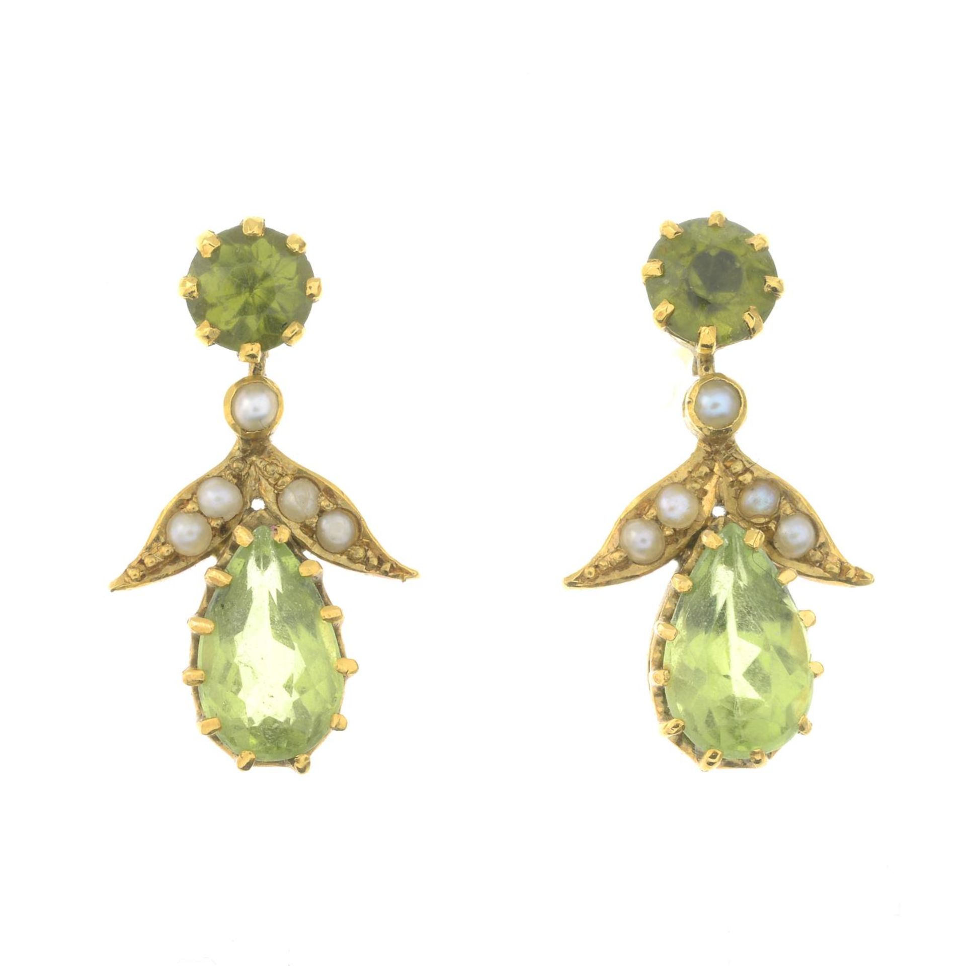 A pair of peridot and split pearl earrings.Length 1.7cms.