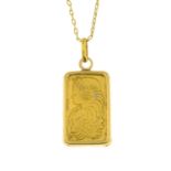 An ingot pendant, with chain.Ingot stamped FINE GOLD 999.9 5g.