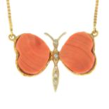 A butterfly necklace, with coral wings and diamond accent body.Stamped 750.