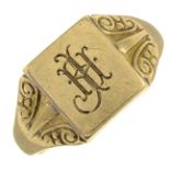A gentleman's 9ct gold signet ring.Hallmarks for 9ct gold, partially indistinct.