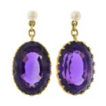 A pair of 18ct gold cultured pearl and amethyst drop earrings.Hallmarks for 18ct gold.