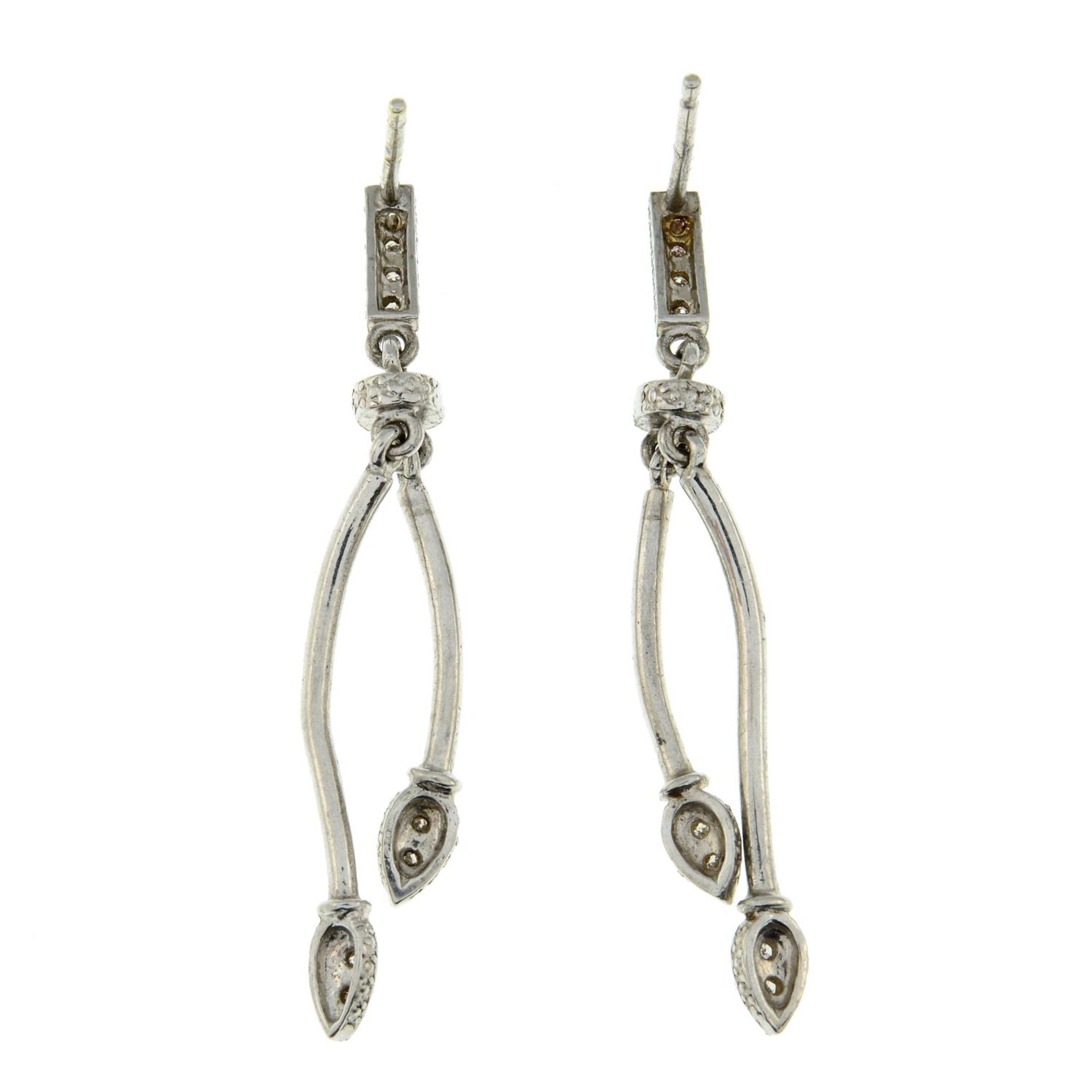 A pair of 9ct gold diamond drop earrings.Estimated total diamond weight 0.15ct. - Image 2 of 2