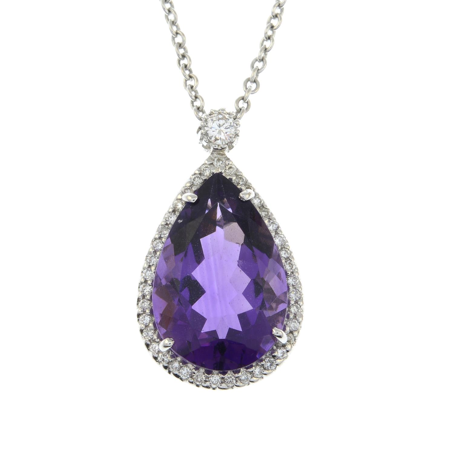 An amethyst and diamond pendant, with chain.Estimated total diamond weight 0.25ct.