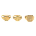 Three 9ct gold signet rings.Hallmarks for 9ct gold.