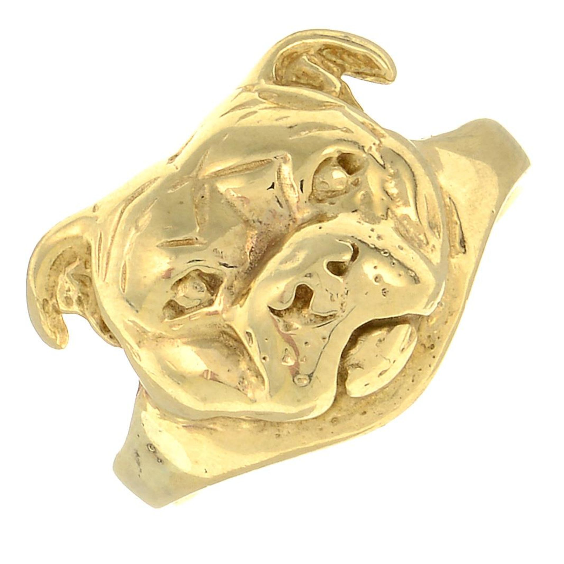 A 9ct gold stylised Staffordshire Bull Terrier ring.Hallmarks for Sheffield, 2006.Ring size O.