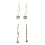 9ct gold bi-colour drop earrings,